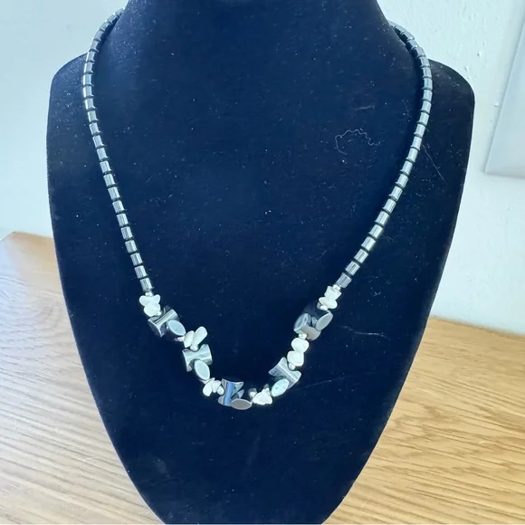 Hematite Beaded Necklace w/ White Howlite Cluster Focal Boho Gemstone - Picture 1 of 6